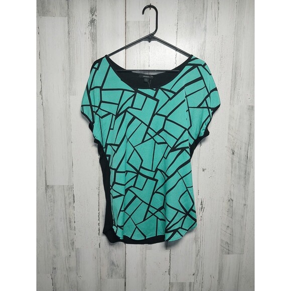 Espresso Blue Black Geometric Pattern Short Sleeve Blouse Large - Picture 1 of 6